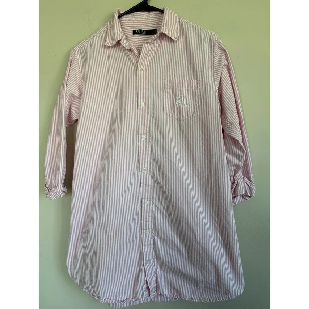 Lauren Ralph Lauren Black Label Pajama Sleep Shirt Pink Striped Cotton SMALL